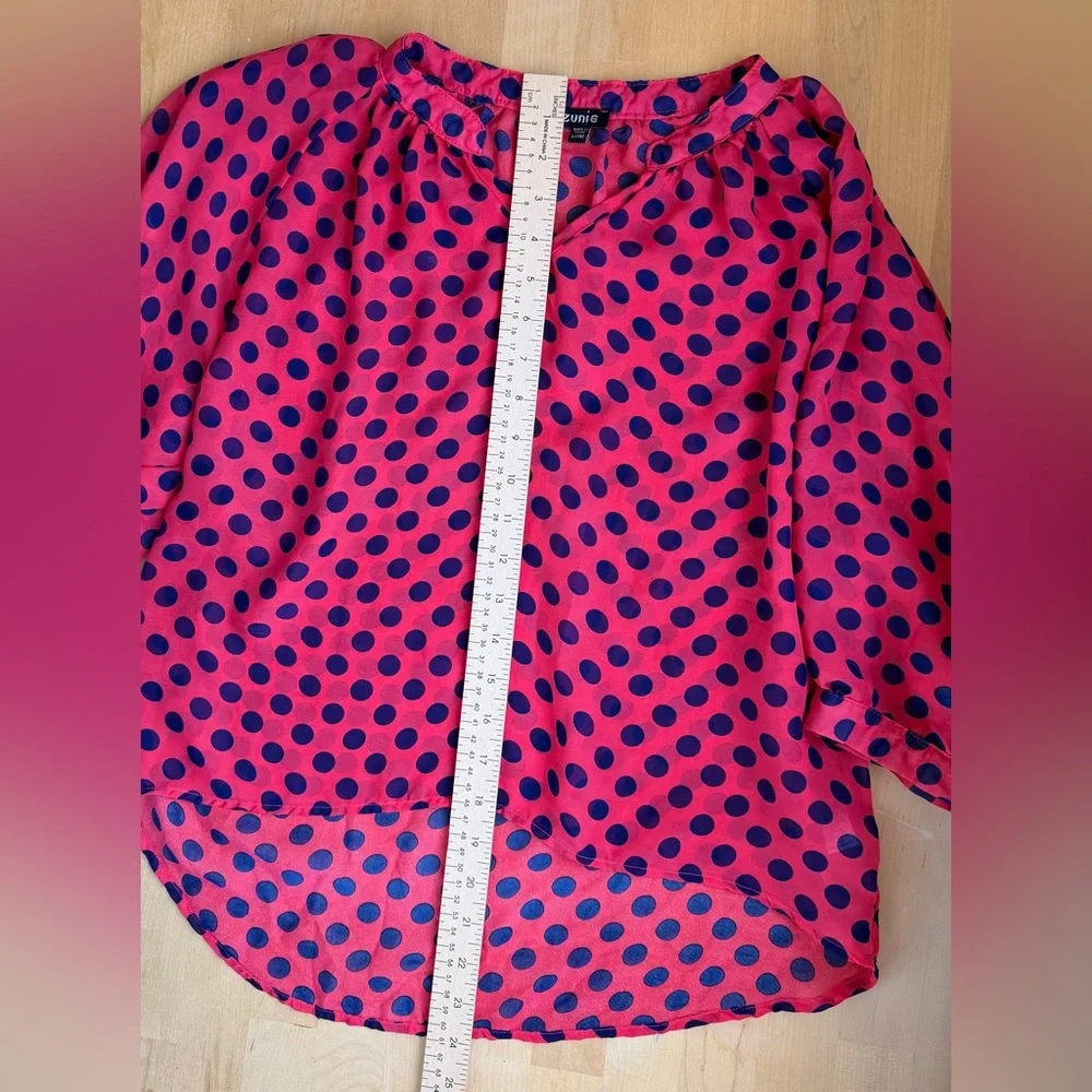Zunie Junior's Gossamer Blouse LG 14, Pouf 3/4 Sleeve, Fuchsia w/Navy Polka Dots